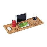 Relaxdays Badewannenablage Bambus, 73,5 cm breit, Badewannenbrett mit Glas- & Tablethalter, Badewannentablett, Natur