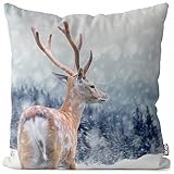 VOID Rentier Schnee REH Damhirsch Kissenbezug Kissenhülle Polyester wasserfest Outdoor Indoor, Kissen Größe:60 x 60 cm