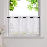 HeichkelL Scheibengardine Ausbrenner Gardinen Transparent Bistrogardine mit Ösen Küche Kurz Vorhang Äste Muster Weiß HxB 45x90cm