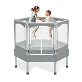 YIsintruan Trampolin für Kinder, 4.6/5.5/2.7 m, Indoor/Outdoor, Kleinkind-Trampolin mit Netz, Sicherheit, klein/Baby-Sechseck-Trampolin mit Gehäuse, grau, 1.6 m)