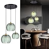 Pendelleuchte Esstisch Hängelampe 3-flammig Moderne Grün Glas Pendellampe Wohnzimmer mit Vintage Kürbisförmigem Glaslampenschirm,Hängeleuchte hoehenverstellbar für Küche Schlafzimmer,E27(3 light)