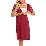 WERVOT Stillnachthemd Damen Geburt Nachthemd Kurz Stillfunktion Kurzarmkleid Nachtkleid Nachtwäsche Mutterschaft Stillen Baby Nachthemd Einfarbige Umstandspyjama für Schwangere und Stillzeit(Rot,M)