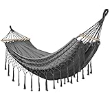 SWAWIS Hängematte Outdoor Boho Hängematte 2 Personen, Hängematte Camping Belastbarkeit bis 200kg Baumwolle Tragbare Hängematten Hammock mit Gebogener Holzstange für Outdoor Balkon Garden, Dunkelgrau