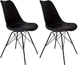 SAM 2er Set Schalenstuhl Lerche, Kunststoffschale in Schwarz, integriertes Kunstleder-Sitzkissen, Schwarze Metallfüße, Esszimmerstuhl im skandinavischen Stil