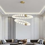 ISSPTYB Milchweißer Kugel-Kronleuchter mit 2 Ringen, 70 W, runder LED-Deckenleuchter für Esszimmer, antikes Kupfer, Blasenlampe, goldfarbene Mid-Century-Hängeleuchte für Schlafzimmer, Wohnzimmer, 4000