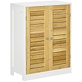 kleankin Badezimmerschrank Badschrank mit Türen Mehrzweckschrank Aufbewahrungsschrank mit verstellbarem Einlegeboden Bademöbel Kippschutz MDF Weiß+Naturholz 60 x 30 x 80 cm