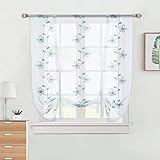 CAROMIO Raffgardine mit Blumen Stickerei Raffrollo Küchenvorhang halbtransparente Gardine Landhausstil Bistrogardine Türkis BxH 80x140cm 1 Stück