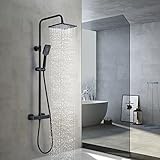kisimixer Schwarz Duschsystem mit Thermostat,Regenduschset mit Thermostat Mischbatterie,Duschamaturenset mit Thermostat Inkl Kopfbrause,Handbrause,Brausestange Duschset Regendusche