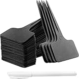 Whaline 100Stk T-Form Plastik Pflanzenstecker Schwarz Pflanzenschilder zum Beschriften Wetterfest wasserdicht Wiederverwendbar Stecketiketten und 1 Weiße Marker Stift für Blumen Samen Gemüse
