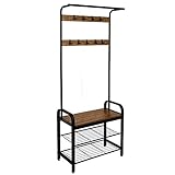 Meerveil Garderobenständer Vintage, Garderobe Industrial, Schuhregal mit Sitzfläche, Metallgestell Kleiderständer mit 9 abnehmbaren Haken, 2 Gitterablagen, 72 x 34 x 183 cm, Retrobraun-schwarz