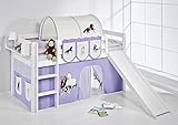 Lilokids Spielbett JELLE Pferde Lila Beige - Hochbett weiß - mit Rutsche und Vorhang
