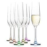 Crystal Champagner flöten, Regenbogenfarben, 6 Stück, elegante und mundgeblasene Gläser für Hochzeit und Toasting, am besten für Champagner, Mimose, Cider, Wein, 190 ml