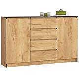 AKORD Kommode K 160 cm | 4 Schubladen und 2 Türen | für Wohnzimmer Schlafzimmer Schrank Wohnzimmer | Modernes Funktionelles Design | Schichtstoffplatte 16mm | Handwerk Eiche