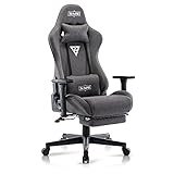 S*MAX Gaming Stuhl Stoff mit Fußstütze Verdickter Sitz Gamer Stuhl mit 3D Armlehne und Lendenwirbelstütze aus PU Leder Racing Style PC Stuhl Videospielstühle mit hoher Rückenlehne für Erwachsene Grau