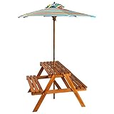 SHUJING Kinder-Picknicktisch Sonnenschirm, Kindertisch, Spielhaus Kinder Outdoor, Outdoor Spielzeug, Kinder Tisch Stuhl Set, Kindersitzgruppe, 79x90x60cm Massivholz Akazie