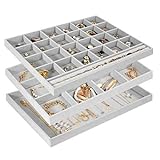 ProCase Schmucktabletts Organizer, 3-teiliges Set Schmuckeinsatz für Schubladen, Schmucktablett Stapelbar Schmuck Organizer Schublade für Ohrstecker, Ohrringe, Armbänder, Ringe, Uhren -Grau