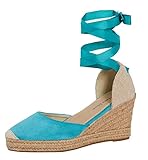 Lora Dora Damen Espadrille-Sandalen mit Keilabsatz und Riemchen, Sackleinen, Sommerschuhe, Knöchel, Beinriemen, türkis, 38 EU