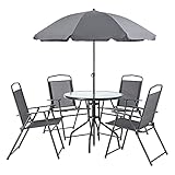 [en.casa] Gartenmöbelset Milagro 6-TLG. Loungeset Sitzgruppe Terasse Sitzgarnitur Tisch 4 Stühle und Sonnenschirm Witterungsbeständig Schwarz Dunkelgrau