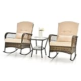 GIANTEX Rattan Schaukelstuhl Set, Balkonmöbel Set Balkon 2 Personen, 3 TLG. Gartenmöbel Set mit 1 Couchtisch & 2 Schaukelstühle, inkl. Kissen, Gartengarnitur Gartenset Rattan Sitzgruppe, Hellbraun