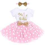 FYMNSI Kleinkinder Baby Mädchen Mein 1. Geburtstag Kleid Kurzarm Tutu Tüll Gepunktet Rock mit Pailletten Schleife Stirnband 2tlg Bekleidungsset Prinzessin Partykleid Fotoshooting Rosa