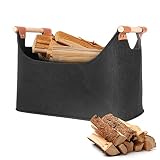 Sindax Filztasche Feuerholzkorb mit Holzgriff für Kaminholz 48x28x25cm Faltbarer Kaminkorb Filzkorb Schwarz