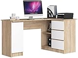 AKORD Eck-Schreibtisch B-20 mit 3 Schubladen, 2 Ablagen und einem Regalfach mit Tür | ecktisch | Eck Schreibtisch für Home Office | Einfache Montage | B155 x H77 x T85, 60 kg Sonoma Eiche/Weiß