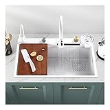 Sink White Flying Rain Nano-Wasserfall-Spüle mit Glaswaschbecken, Drop-in-Küchenspüle-Set, Edelstahl-Einzelbecken-Bar-Waschbecken, mit ausziehbarer Wasserhahn-Kombination, für gewerbliche un