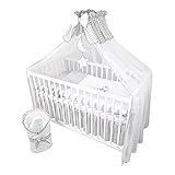 Bello24 - 13 Teiliges Babybett Kinderbett und Bettwäsche komplett Set Happy Leo inkl. Matratze höhenverstellbar für Neugeborene Babys und Kleinkinder aus Massivholz (Grau - Teddybär Mond)