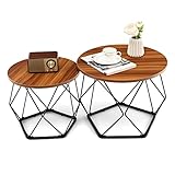 COSTWAY 2er Set Satztisch Holz, Couchtisch rund, Beistelltisch mit Metallrahmen, Kaffeetisch Wohnzimmertisch für Wohnzimmer, Vintage