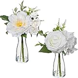 2 pcs Künstliche Blumen Seide mit Glasvase, weiß kunstblumen Hortensien Seide Pfingstrose gefälschte Rose plastikblumen Gemischt, Realistische Blume Silk im Topf für Wohnzimmer Büro Dekor Tisch Küche