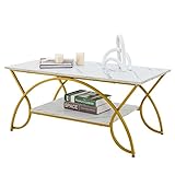 GIANTEX Couchtisch Marmor Gold, Kaffeetisch Teetisch 2 Ablagen, Wohnzimmertisch modern Sofatisch Teetisch 110x50x45 cm, Akzenttisch mit Metallbeinen, Beistelltisch mit Marmoroptik für Wohnzimmer