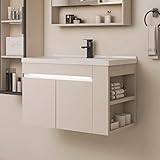 Waschbeckenunterschrank,badezimmer unterschrank waschbecken,waschbeckenunterschrank hängend mit weißem Keramikbecken Waschbecken Ober- und rechte Seite Aufbewahrung ( Color : Creamy white , Size : L81