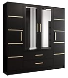 KRYSPOL Drehtürenschrank Berlin 201 Garderobenschrank, Kleiderschrank mit 4 Türen, 2 Schubladen und 2 Spiegel, Modern Design (Berlin 2 - Schwarz + Gold)