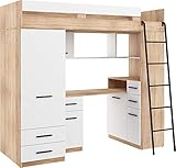 Hochbett mit Schreibtisch, Schubladen, Kleiderschrank und Bücherregal - SMYK R - (Eiche Sonoma/Weiß)