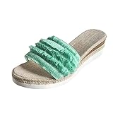 Damen Mode Sommer Bohemian Quaste Farbe Stoff Gesicht Offene Zehen Neigung Absatz Dicke Sohle Sippers Frauen Sandalen Flip Flops, grün, 37.5 EU