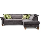 Cavadore Schlafsofa Ammerland mit Ottomane rechts / Federkern-Sofa im Landhausstil mit verstellbaren Kopfstützen, Bett und Bettkasten / 245 x 84 x 194 / Lederoptik dunkelgrau