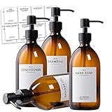 MONOKO 4er Set Seifenspender Glas Braun - Shampoo Spender 500ml Pumpflasche - Spülmittelspender Küche - Pumpkopf Edelstahl+ Aufkleber