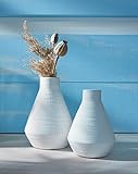 2X Vase White aus Steingut, weiß, 18 + 21 cm hoch, schlicht mit Rillenstrucktur, Dekovase für Trockenblumen