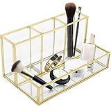 Homtone Make up Pinselhalter Glas, Vintage Gold Glas Kosmetikbox, Makeup Organizer Aufbewahrung mit Spiegel Tablett für Parfüm Nagellack Lippenstiften, Kommode Badezimmer,4 Fächer