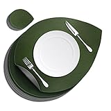 Desidoro Tischset Leder, 6er Set inklusive Untersetzer, abwaschbar doppelseitig rutschfest, Platzset PU-Leder zweifarbig (Grün / Grau)