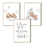 MeinBaby123® Bilder Kinderzimmer | 3er Set DIN A4 Poster Set | Wandbilder mit Spruch | Regenbogen | Deko Kinderzimmer Mädchen und Jungen | Babyzimmer Deko | Wandposter Premium (Bär & Mond)