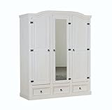 Dynamic24 3-türiger Kiefer Kleiderschrank New Mexico mit Spiegel Weiss