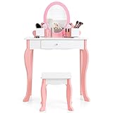 COSTWAY Kinder-Schminktisch mit Hocker, 2-in-1-Kinder-Schminktisch-Set aus Holz mit Spiegel, Schublade & Stifthalter, Make-Up-Tisch für Kinder im Alter von 3-7 Jahren (Weiß)