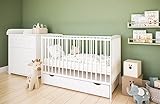 kiki design Babyzimmer Set Love mit Babybett und Wickelkommode, Babybett mit Matratze und Schublade aus Kieferholz, Weiss