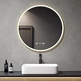 Meykoers Badezimmerspiegel mit Beleuchtung Rund 70cm Acryl badspiegel Wandspiegel mit Touchschalter + Beschlagfrei + Uhr + Neutral Licht 4300K, 3h Automatische Abschaltung