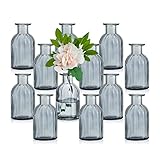 Glasseam Kleine Vasen Set Glasvase, 12 Stück Mini Blumenvase Grau Vintage Vase Glas Rund Glasvasen Flaschenvase Bunt Klein Geriffelte Tischvase Vasenset Glasflasche Deko für Hochzeit Tischdeko