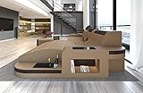 Ledersofa Wave L Form Ecksofa Sofa in Leder - mit LED Beleuchtung, verstellbare Kopfstützen, Recamiere/Lederfarben wählbar/Ausrichtung wählbar (Ottomane rechts, Sandbeige-Braun)