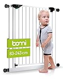 BOMI Kindertreppen Gitter 83-243 | Zum Klemmen | 90° Stop | Schließt automatisch | Baby Gitter Weiss mit Automatik-Tür | Kindertreppenschutzgitter Tür und Treppenschutzgitter zum Klemmen