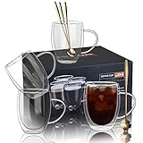 JNSMFC Doppelmauerte Glas Kaffeetassen mit 4 Löffel, 350 ml Set von 4 isolierten Glaskaffeetassen mit Griff, klare Kaffeetassen für Cappuccino, Espresso, Latte, Tee, hitzebeständige Brille zum Trinken