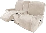 Samt-Recliner-Slipcover mit Tassenhaltern, ultraweiche Stretch-Recliner-Stuhlabdeckung mit Seitentasche, Nicht rutschfeste waschbare Möbelschutz for Wohnzimmer (Color : Beige, Size : 2 Seater)